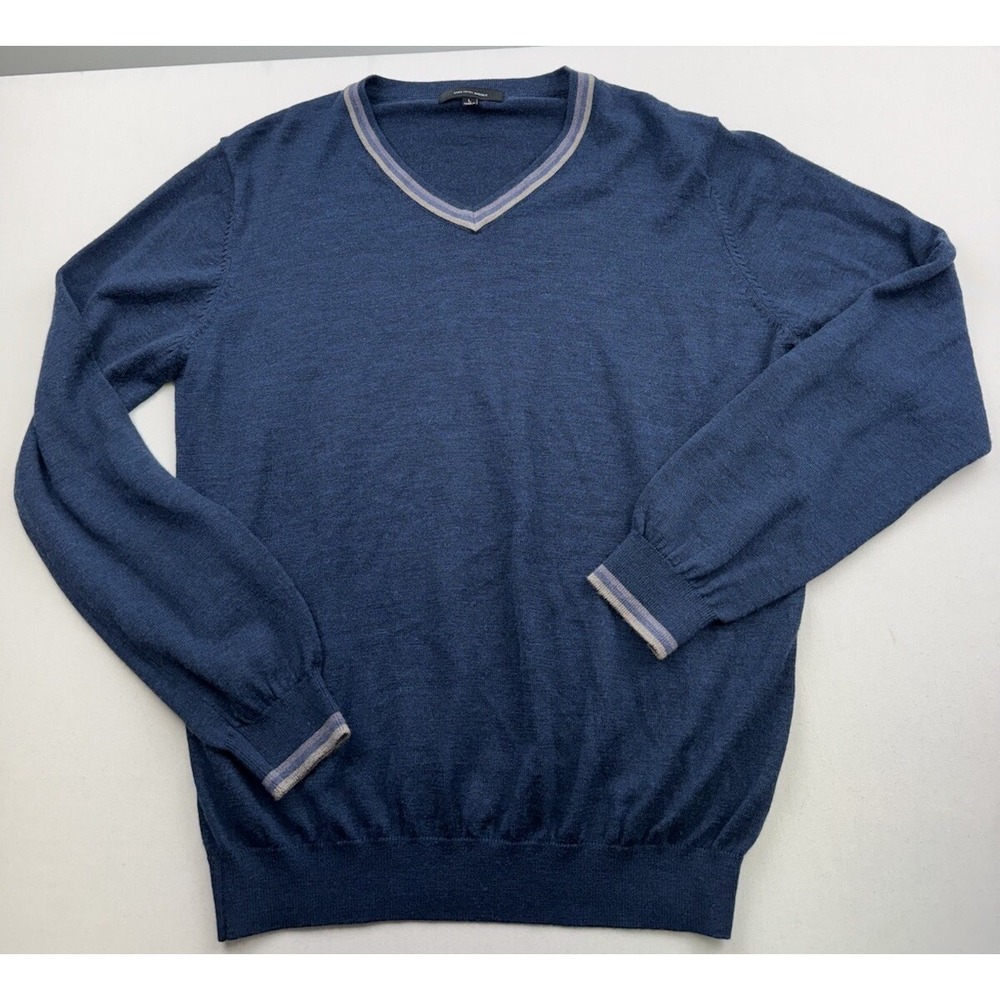 Saks Fifth Avenue Merino Wool Sweater VNeck Mens Large Blue Lightweight